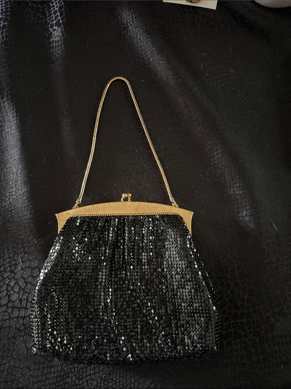 Whiting & Davis Black Sequin Clutch with Gold Frame
